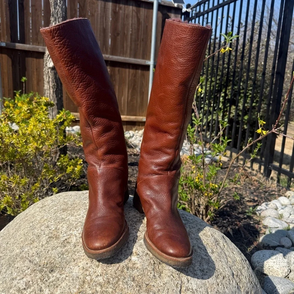 Diane von Furstenberg Womens Leather Knee High Boots Brown Pull On Shearling 8.5